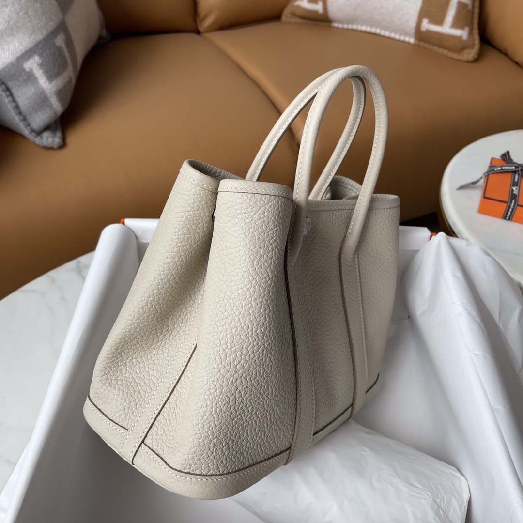 Hermes Garden Party 30cm Tote Handbag In Pearl White Clemence Leather